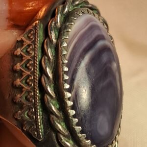 Vintage Native American Silver Ring with Purple Wampum Stone Signed